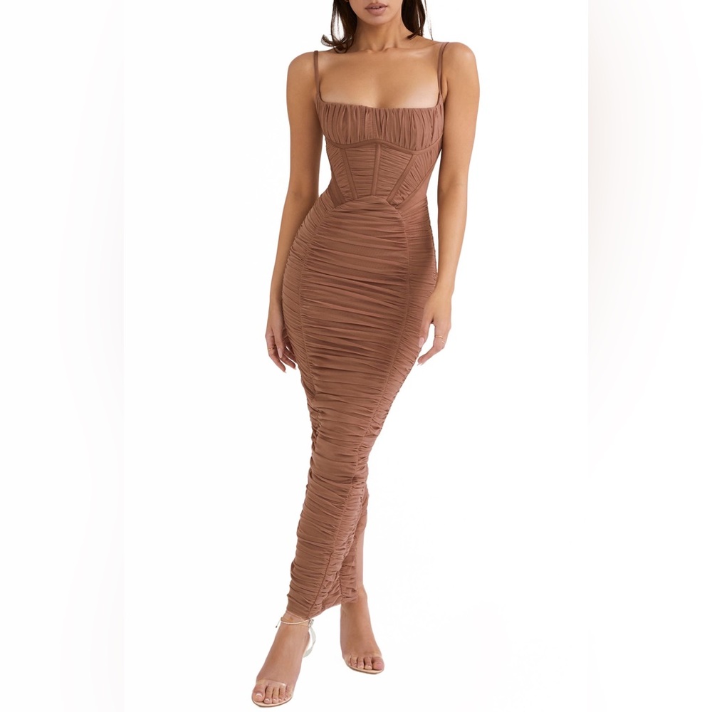 House of CB Brown Corset Ruched Maxi Dress Size M